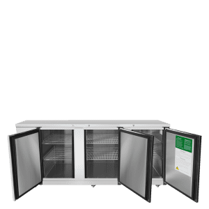 MBB90GR — 90″ 3-Door Back Bar Cooler with Solid Door, Stainless Steel