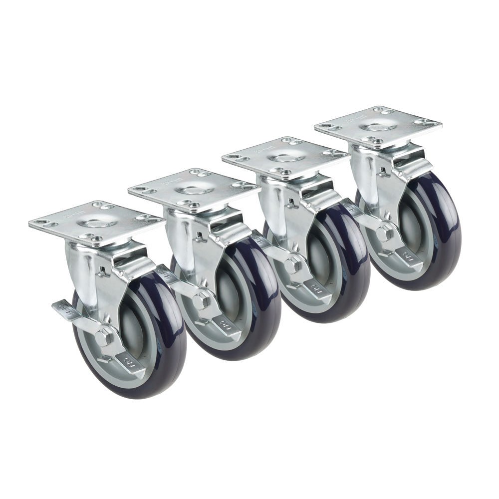 6" Overall Universal 3-1/2" x 3-1/2" Plate Caster with Side Brake, 5" Wheel, Set of 4