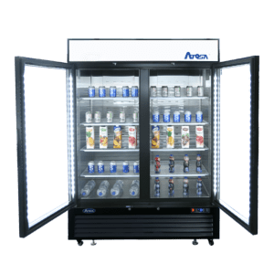 MCF8723GR — 55"-Wide Two (2) Glass Swing-Door Black Cabinet Bottom-Mount Merchandiser Refrigerator