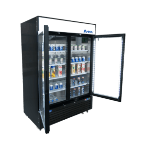 MCF8723GR — 55"-Wide Two (2) Glass Swing-Door Black Cabinet Bottom-Mount Merchandiser Refrigerator