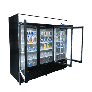 MCF8724GR — 82"-Wide Three (3) Glass Swing-Door Black Cabinet Bottom-Mount Merchandiser Refrigerator